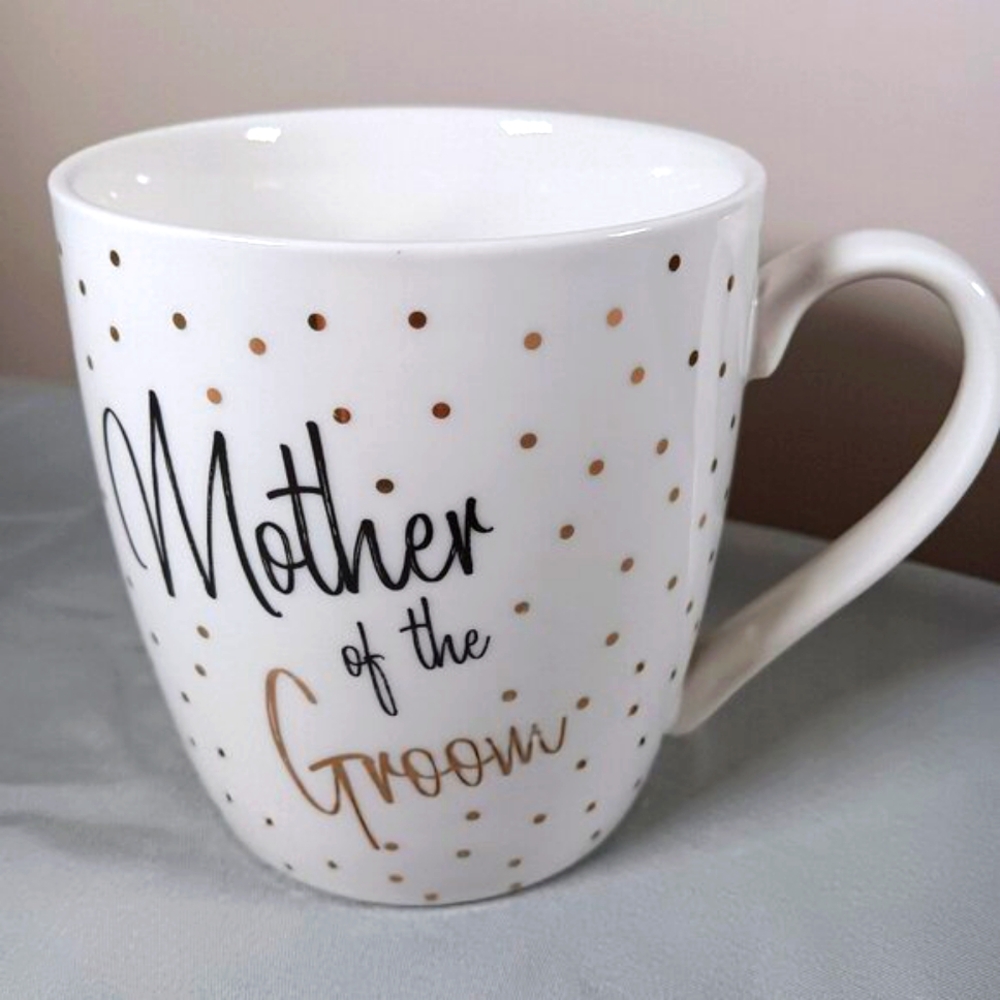 Coco & Lola Mother of the Groom Ceramic Mug 14 Oz Gold Black Polka Dot Wedding